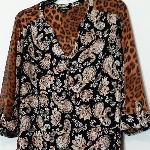 ROZ & ALI Chiffon Tunic; Animal Print / Floral & Paisley; 3/4 Sleeves; Size M - Picture 2 of 6
